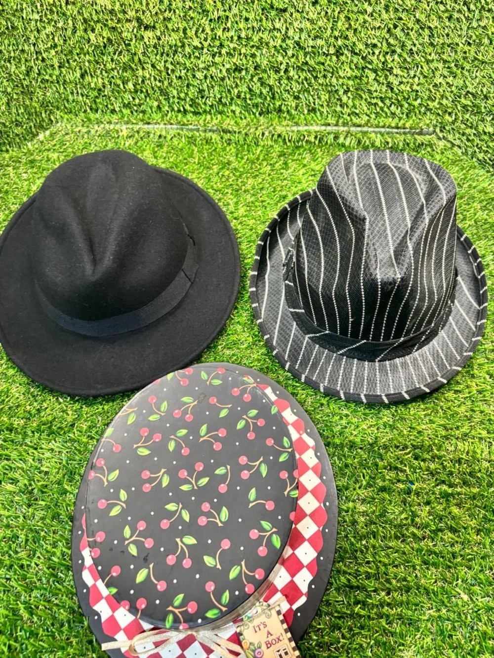 Weatherproof Wool Fedora, Striped Fedora & Mary Engelbreit Hat Box Lot